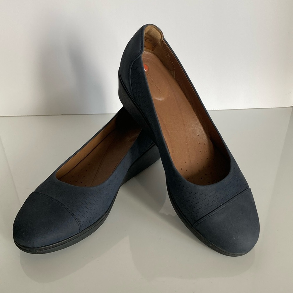 Clarks Unstructured Tallar Dee Platform Wedges Navy Size 8.5 EUC
